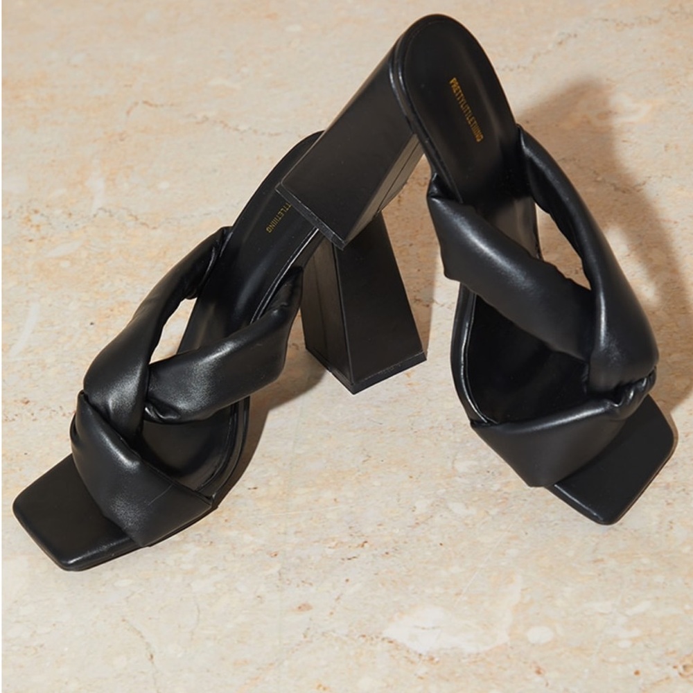 Black PU Square Toe Quilted Knot High Block Heeled Mules - Picture 2 of 2